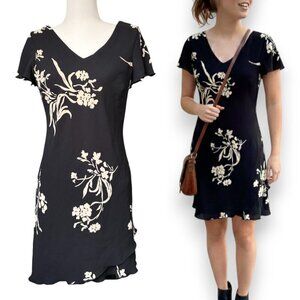 Y2k Gilmore Girls Floral Dress Ruffle Hem Little Black Dress Sz 10 Medium Large